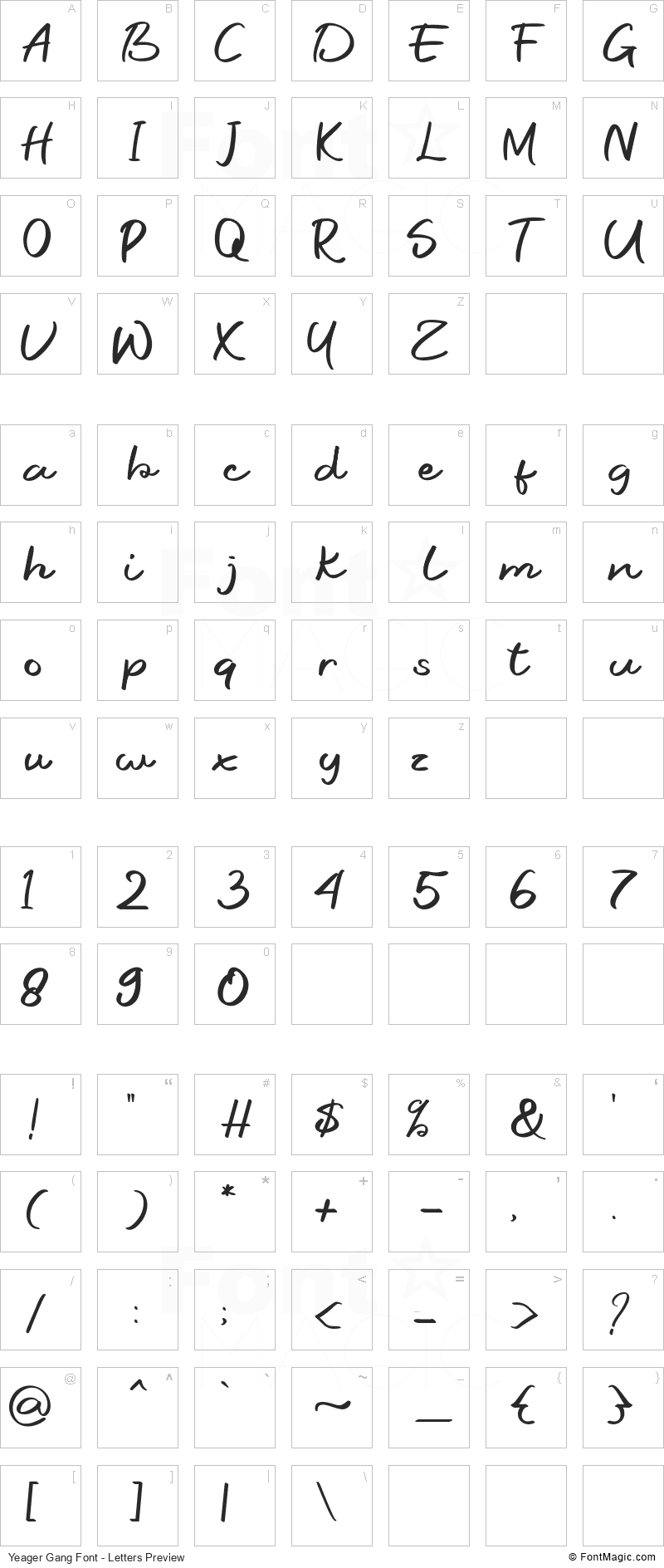 Yeager Gang Font - All Latters Preview Chart