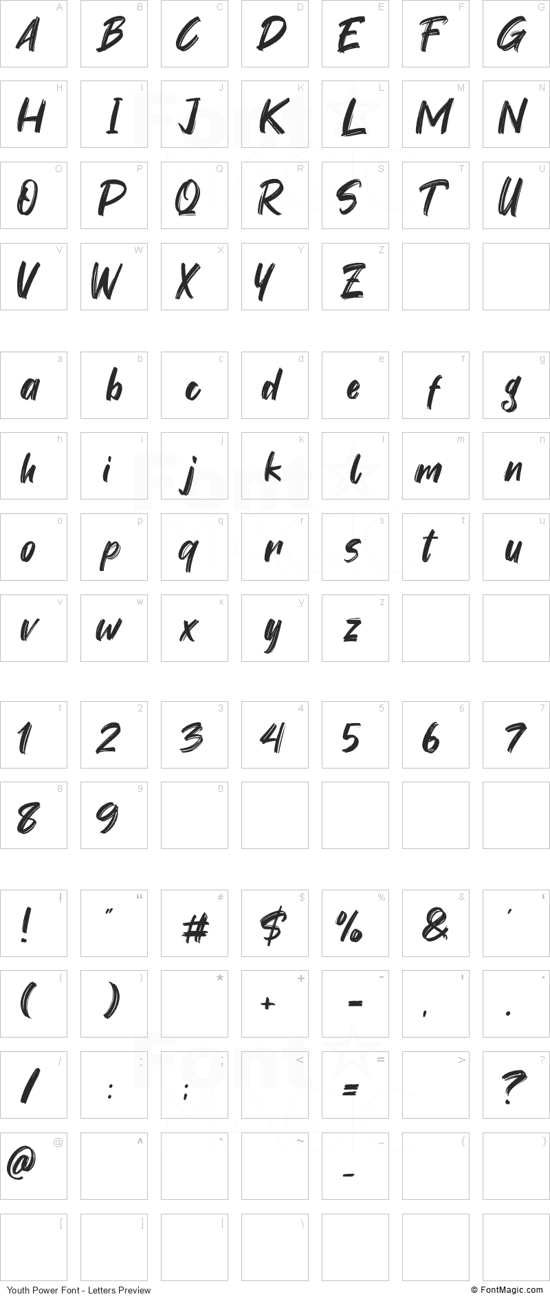 Youth Power Font - All Latters Preview Chart