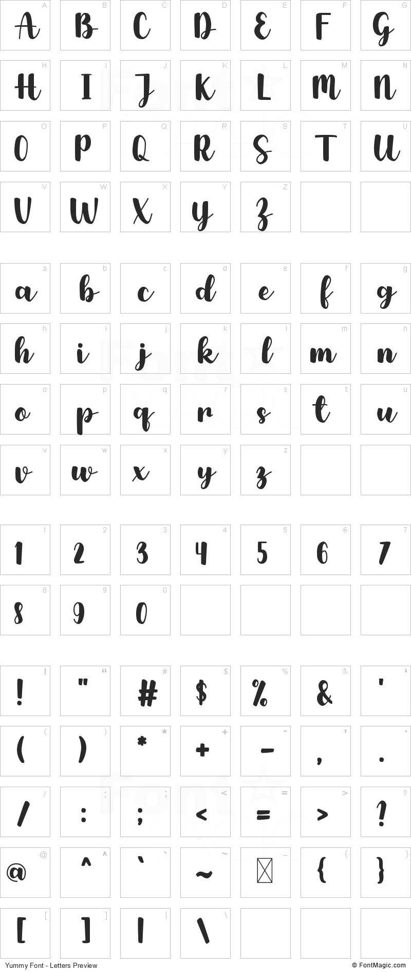 Yummy Font - All Latters Preview Chart