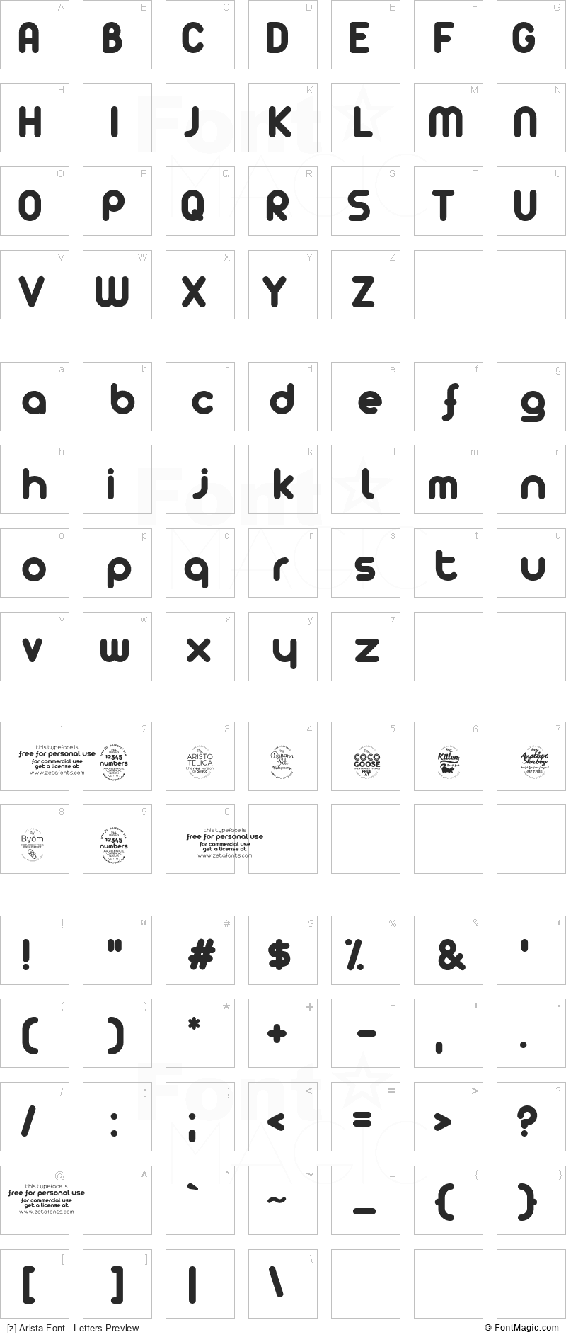 [z] Arista Font - All Latters Preview Chart