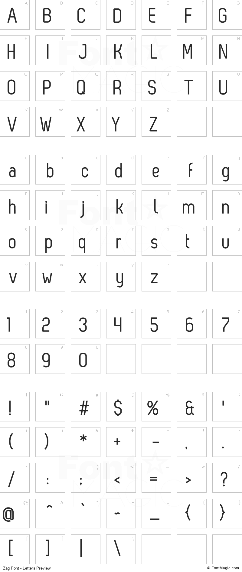 Zag Font - All Latters Preview Chart
