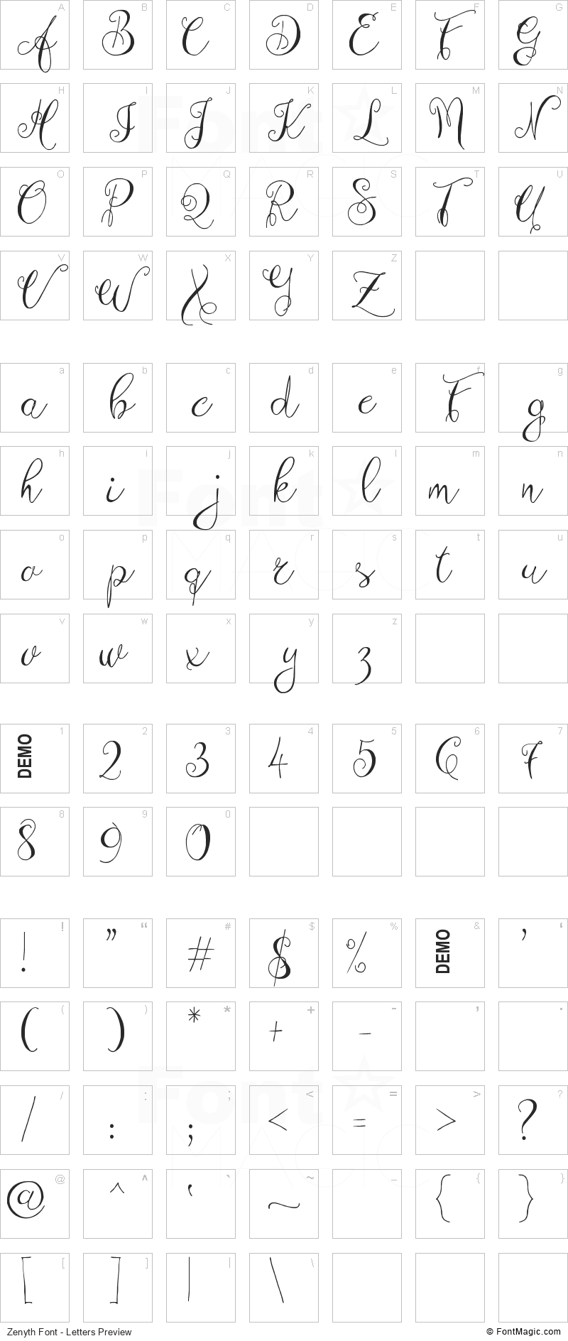 Zenyth Font - All Latters Preview Chart