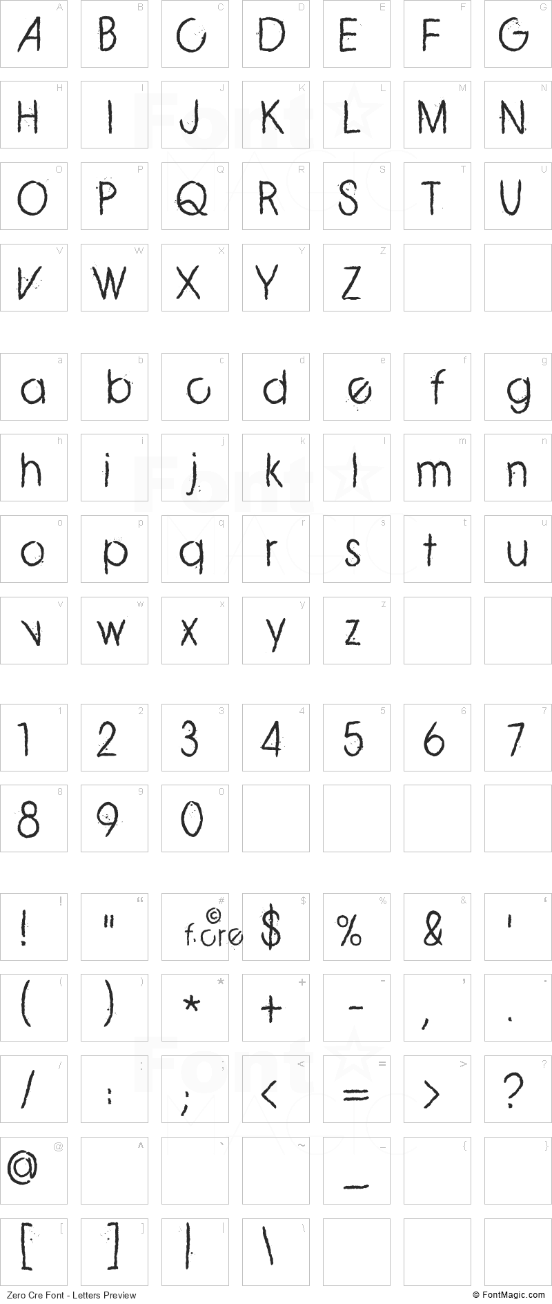 Zero Cre Font - All Latters Preview Chart