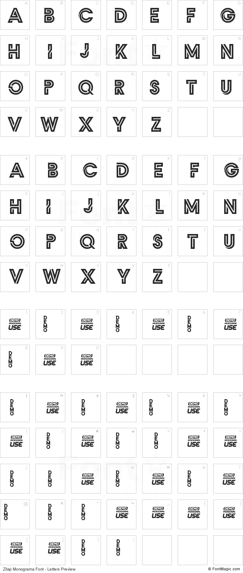 Zilap Monograma Font - All Latters Preview Chart