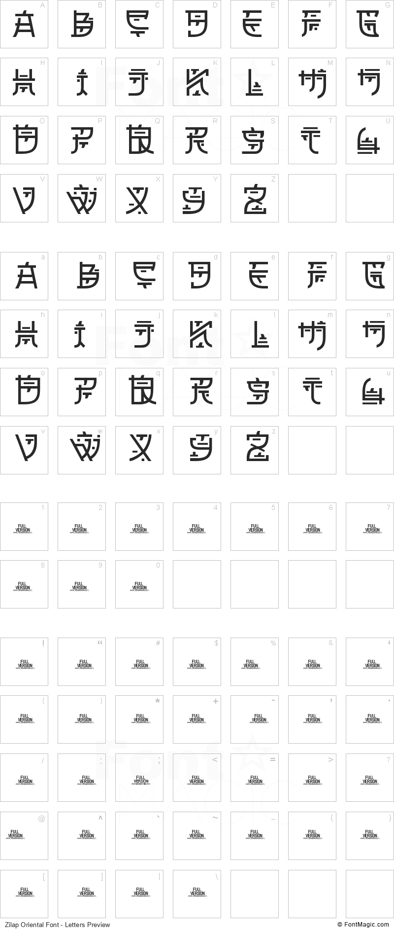 Zilap Oriental Font - All Latters Preview Chart