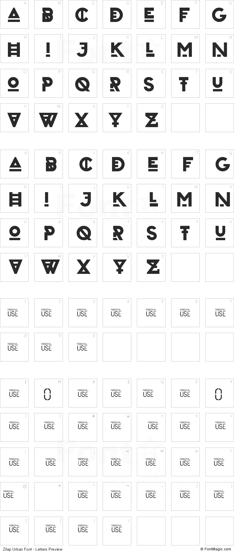 Zilap Urban Font - All Latters Preview Chart