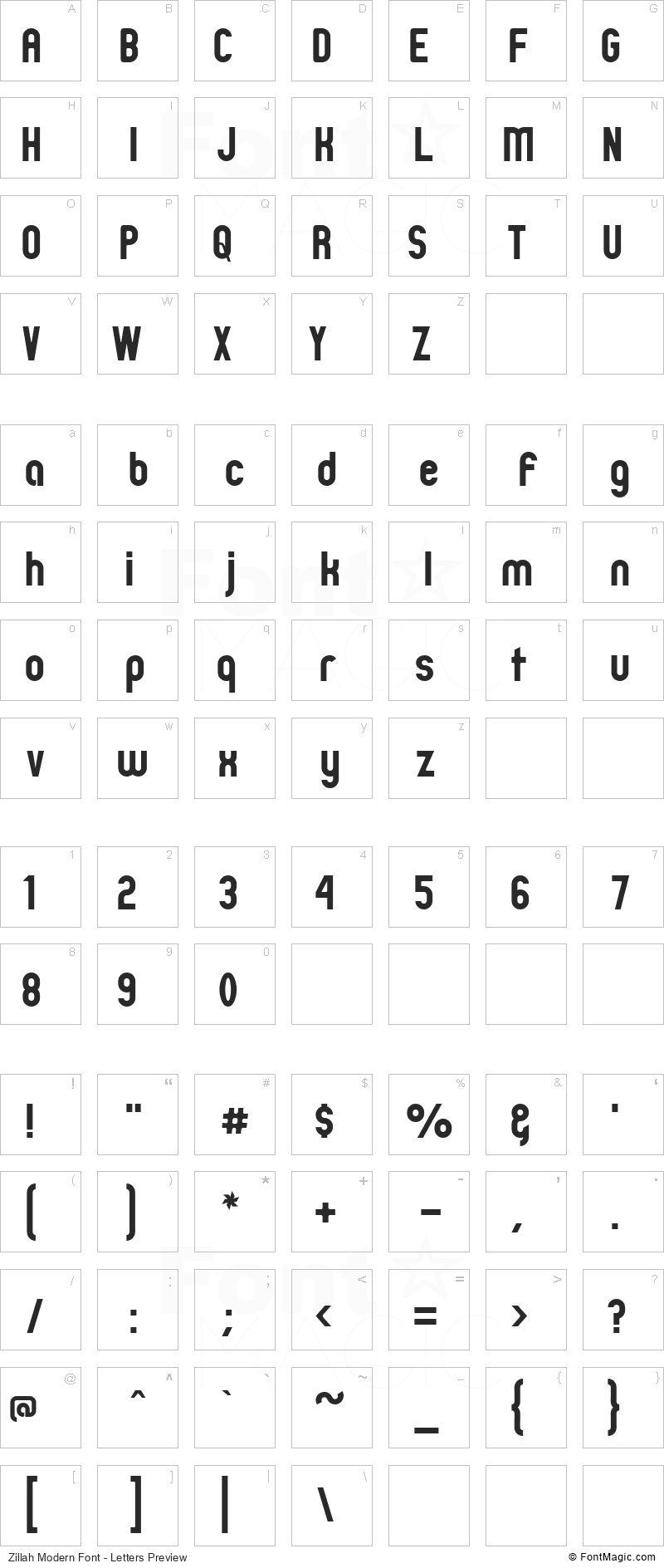 Zillah Modern Font - All Latters Preview Chart