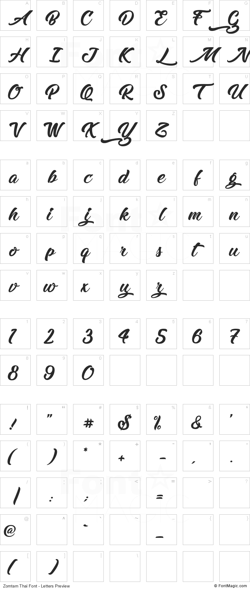 Zomtam Thai Font - All Latters Preview Chart