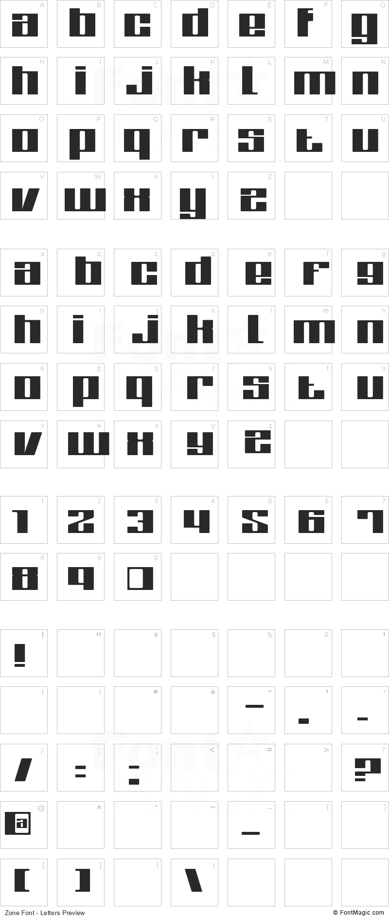 Zone Font - All Latters Preview Chart