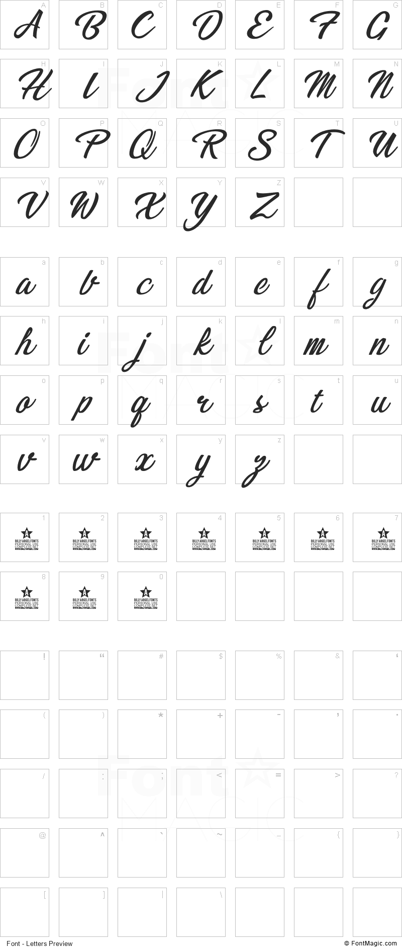 Bikinis Font - All Latters Preview Chart